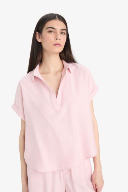 Regular Fit Shirt Collar Short Sleeve Blouse