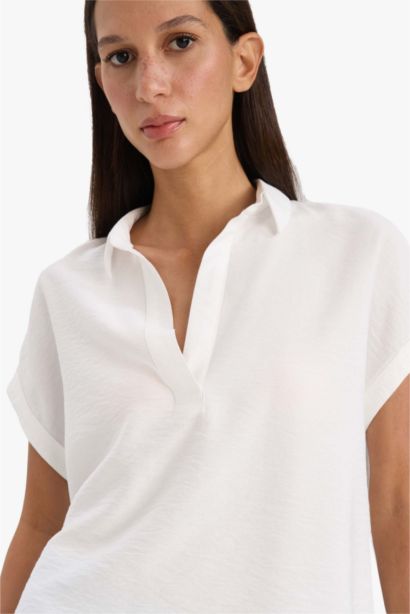 Regular Fit Shirt Collar Short Sleeve Blouse