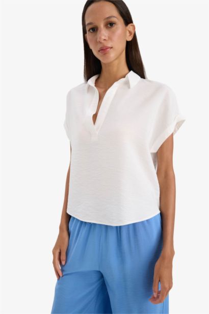 Regular Fit Shirt Collar Short Sleeve Blouse