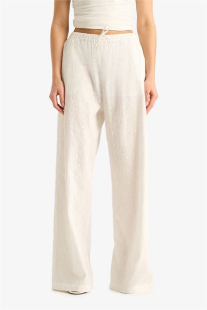 %100 Pamuk Wide Leg Çift Cepli Beli Lastikli Standart Boy Brode Pantolon