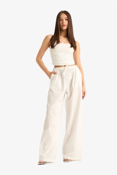 %100 Pamuk Wide Leg Çift Cepli Beli Lastikli Standart Boy Brode Pantolon