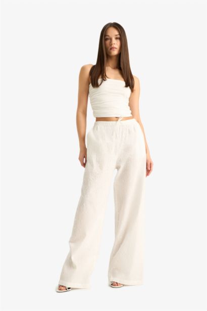 %100 Pamuk Wide Leg Çift Cepli Beli Lastikli Standart Boy Brode Pantolon