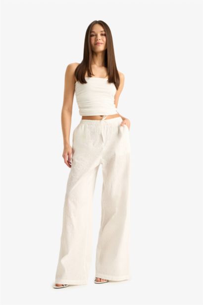 %100 Pamuk Wide Leg Çift Cepli Beli Lastikli Standart Boy Brode Pantolon