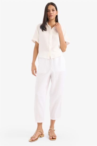 Tapered Fit High Waist Muslin Trousers