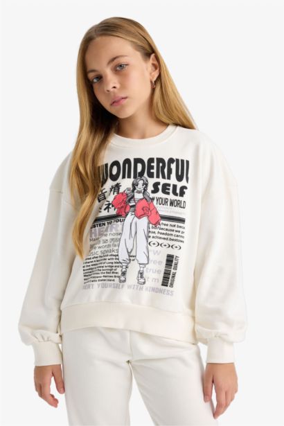 2'li Takım Baskılı Sweatshirt Eşofman Altı Kız Çocuk