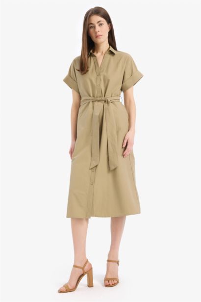 Shirt Collar Poplin Midi Dress