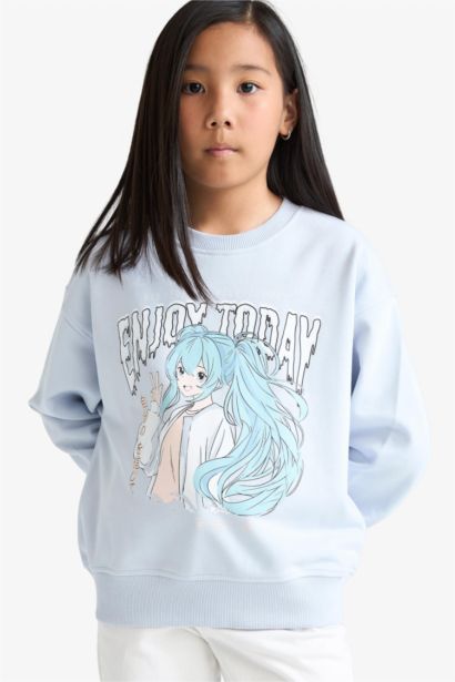 Girl Relax Fit Crew Neck Anime Print Sweatshirt