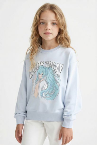 Relax Fit Bisiklet Yaka Anime Baskılı Sweatshirt Kız Çocuk