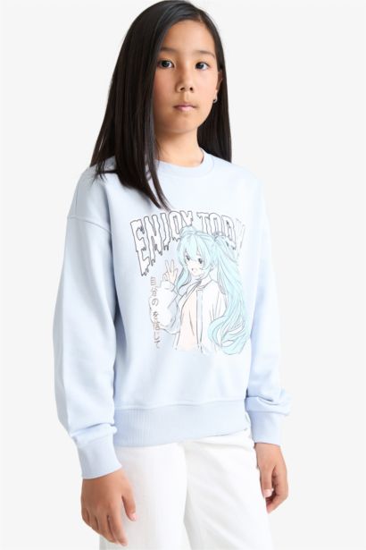 Girl Relax Fit Crew Neck Anime Print Sweatshirt