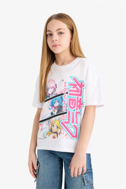 Hatsune Miku Relax Fit Bisiklet Yaka Kısa Kollu Tişört Kız Çocuk