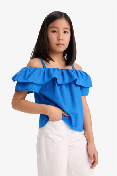 Blouse à volants et épaules dénudées à manches courtes pour fille
