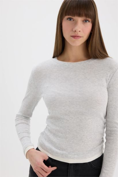 Slim Fit Dar Kesim Bisiklet Yaka Basic Düz  Ribana Uzun Kollu Tişört