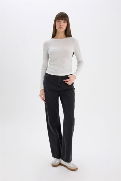 Slim Fit Dar Kesim Bisiklet Yaka Basic Düz  Ribana Uzun Kollu Tişört