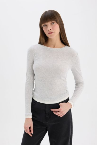 Slim Fit Dar Kesim Bisiklet Yaka Basic Düz  Ribana Uzun Kollu Tişört