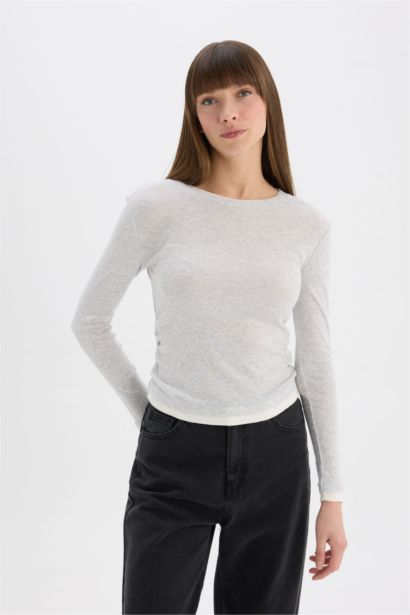 Slim Fit Dar Kesim Bisiklet Yaka Basic Düz  Ribana Uzun Kollu Tişört