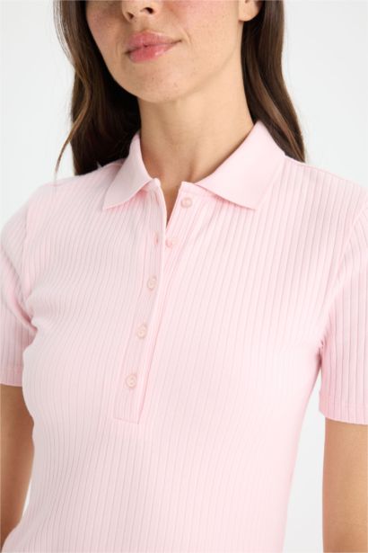 Slim Fit Dar Kesim Polo Yaka Fitilli Kaşkorse Kısa Kollu Tişört