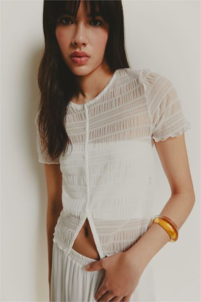 بلوزة سليم من التول قصة عادية برقبة مستديرة