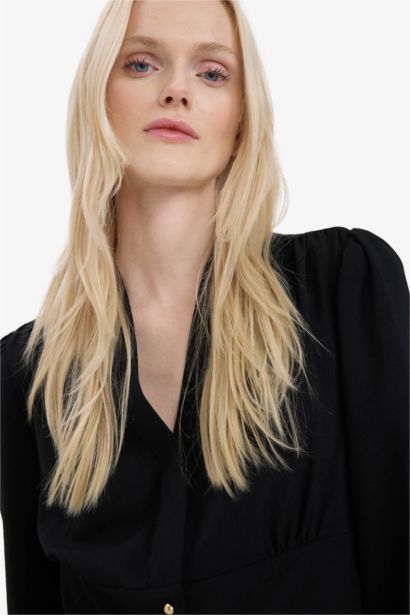 Slim Fit V-Neck Long Sleeve Blouse