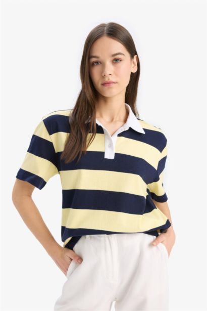 Loose Fit Polo Neck Striped T-Shirt
