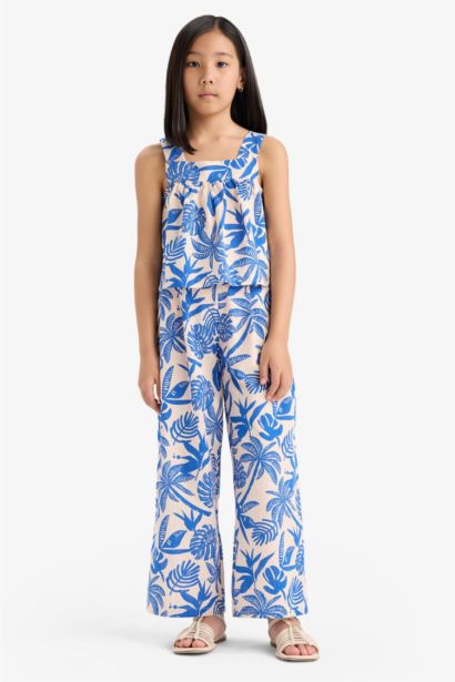 2'li Takım Keten Görünümlü Desenli Kolsuz Bluz Pantolon Kız Çocuk