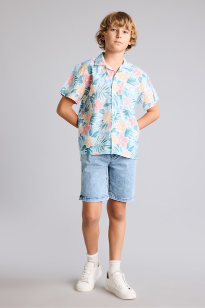 Boy Oversize Polo Neck Patterned Cotton Shirt