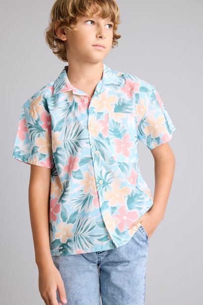 Boy Oversize Polo Neck Patterned Cotton Shirt