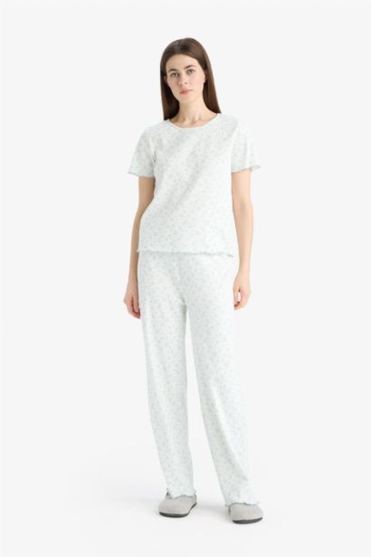 Pijama Takımı Ribana Kısa Kollu Üst Beli Lastikli Uzun Alt