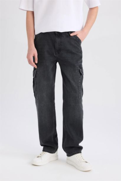 %100 Pamuk Relax Fit Rahat Kesim Geniş Paça Kargo Cepli Siyah Jean Pantolon