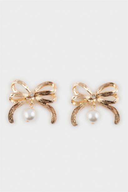 Woman Ribbon Pearl Gold Earrings