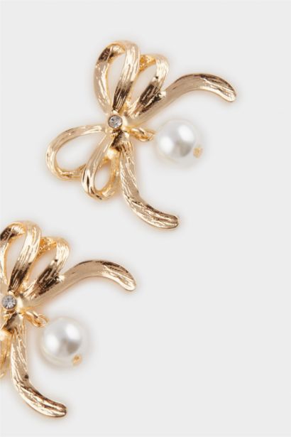 Woman Ribbon Pearl Gold Earrings