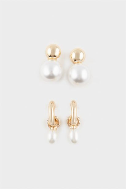 Woman 2 Piece Pearl Gold Earrings