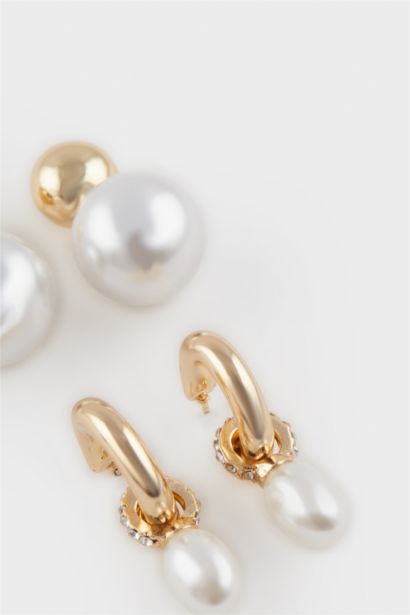 Woman 2 Piece Pearl Gold Earrings