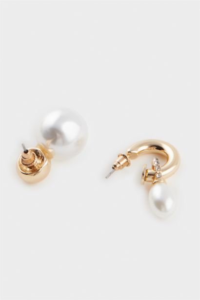 Woman 2 Piece Pearl Gold Earrings