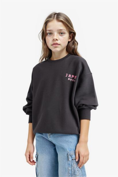 Oversize Geniş Kalıp Bisiklet Yaka Sırt Baskılı Sweatshirt Kız Çocuk
