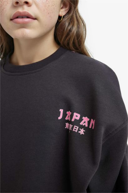 Oversize Geniş Kalıp Bisiklet Yaka Sırt Baskılı Sweatshirt Kız Çocuk