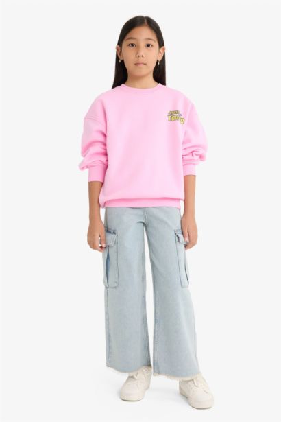 Girl Oversize Fit Crew Neck Printed Fleece Lining Sweatshirt