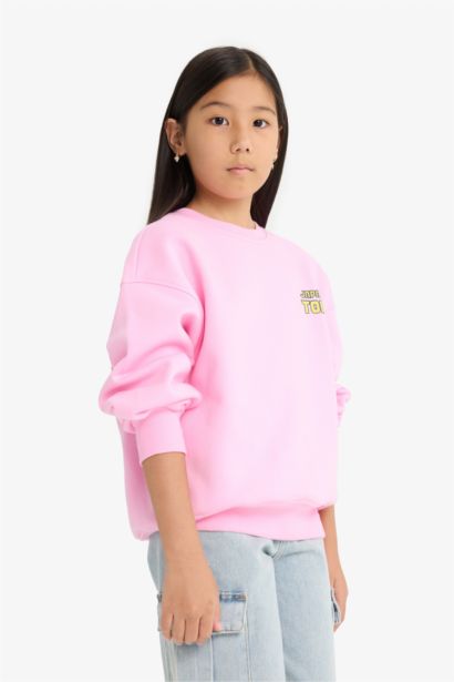 Girl Oversize Fit Crew Neck Printed Fleece Lining Sweatshirt