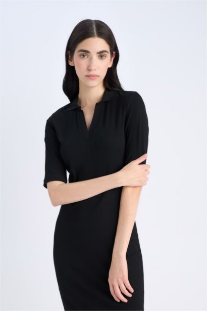 Bodycon Vücudu Saran Polo Yaka Fitilli Kaşkorse Kısa Kollu Midi Elbise