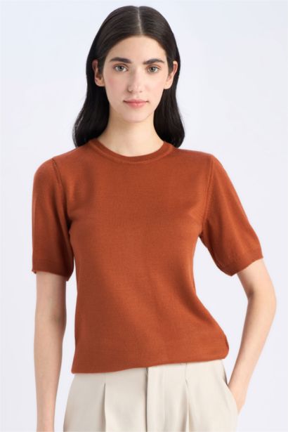 بلوفر تريكو سادة بيزك قصة عادية بياقة مستديرة