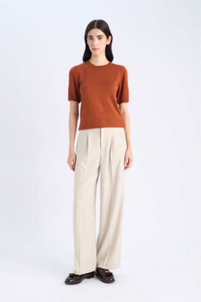 بلوفر تريكو سادة بيزك قصة عادية بياقة مستديرة