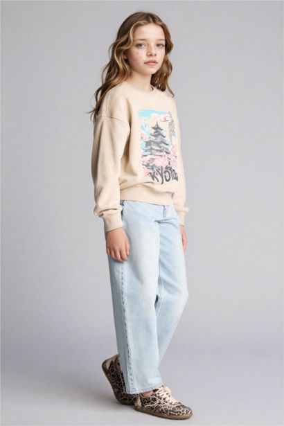 Relax Fit Bisiklet Yaka Baskılı Sweatshirt Kız Çocuk