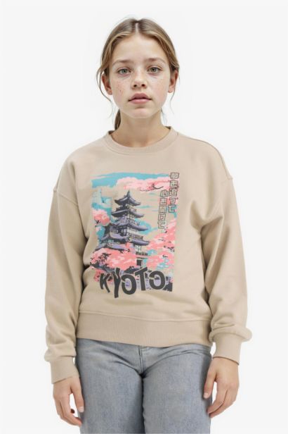 Relax Fit Bisiklet Yaka Baskılı Sweatshirt Kız Çocuk