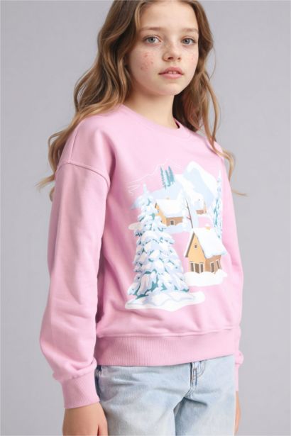 Relax Fit Bisiklet Yaka Baskılı Sweatshirt Kız Çocuk