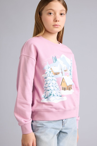 Relax Fit Bisiklet Yaka Baskılı Sweatshirt Kız Çocuk