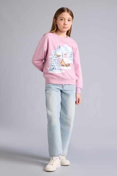 Relax Fit Bisiklet Yaka Baskılı Sweatshirt Kız Çocuk