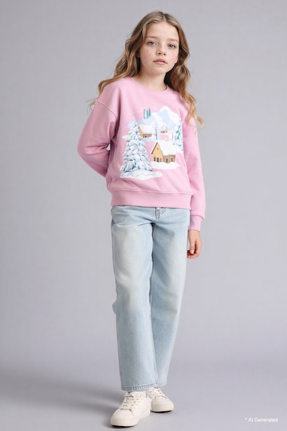 Girl Relax Fit Crew Neck Printed Sweatshirt