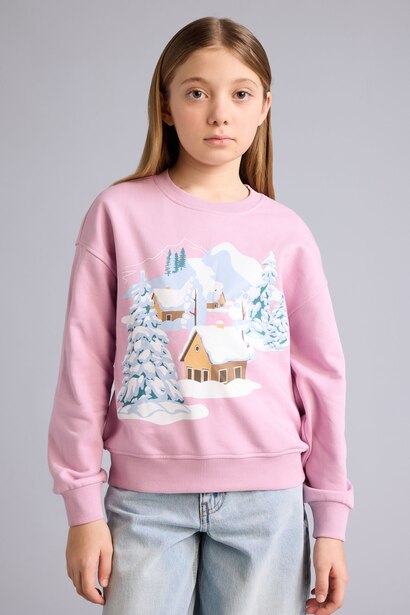 Relax Fit Bisiklet Yaka Baskılı Sweatshirt Kız Çocuk