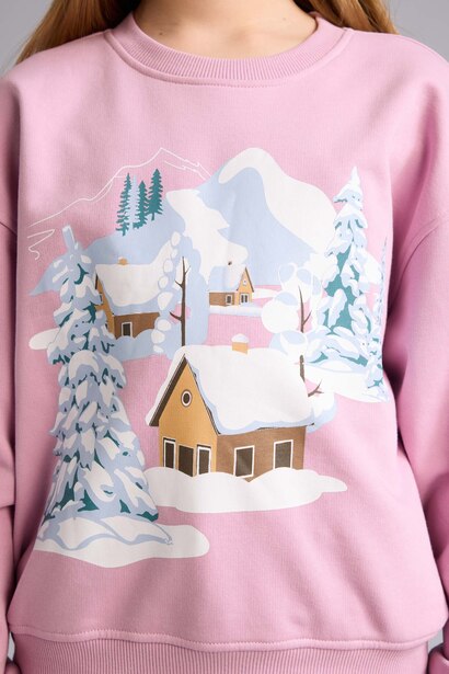 Relax Fit Bisiklet Yaka Baskılı Sweatshirt Kız Çocuk