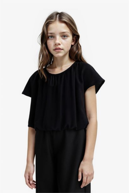 Blouse noire à manches courtes et col rond pour fille