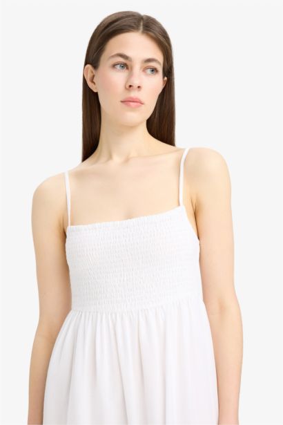 Elastic Collar Cotton Strappy White Maxi Dress